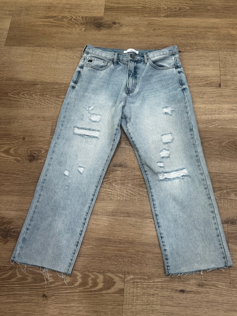 KanCan Distressed Wide Leg Jeans Size 9/28 Light Wash Raw Hem Denim